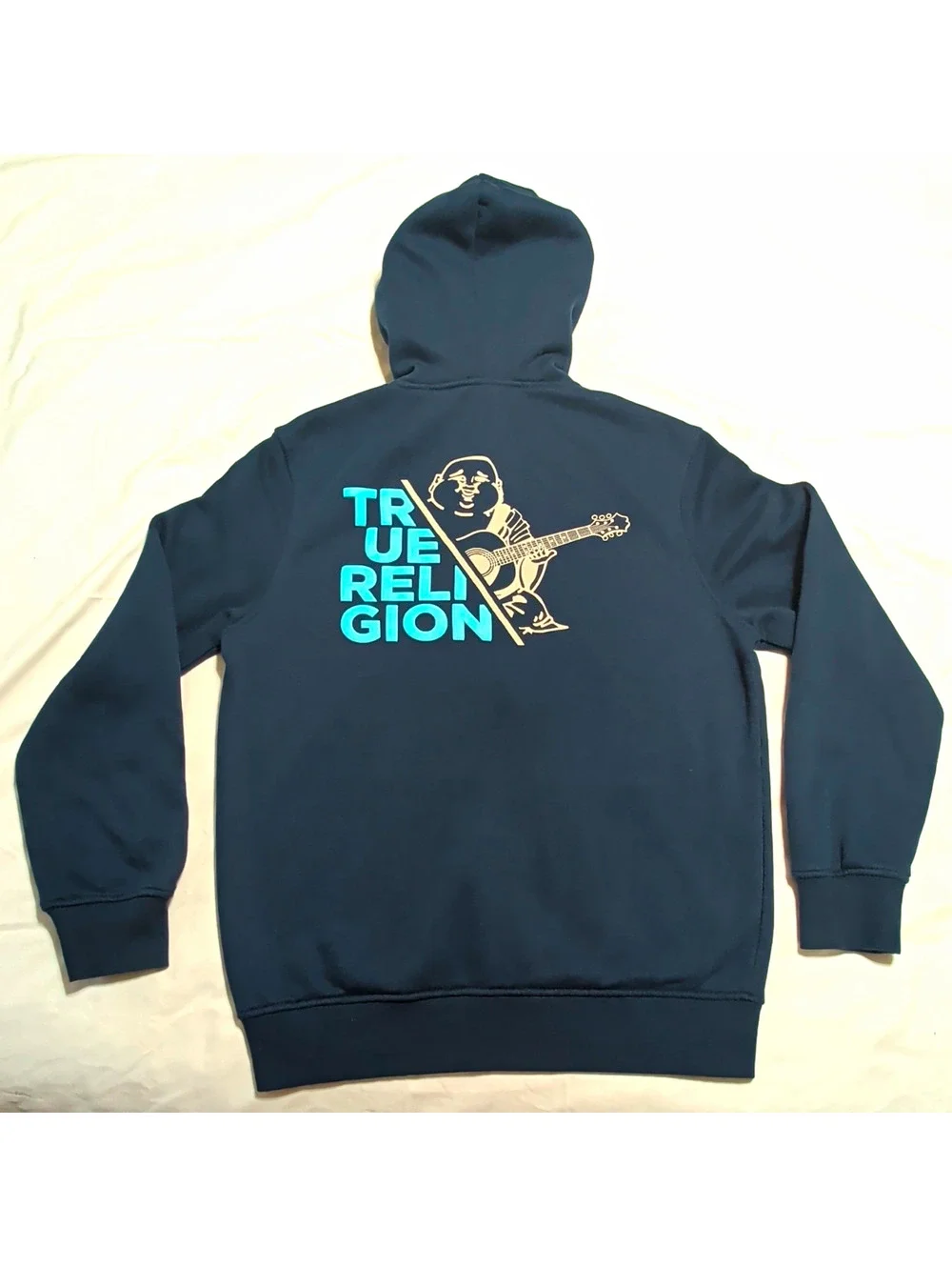 True Religion Men's Full Zip Hoodie Navy Blue Buddha Guitar Graphic Size S